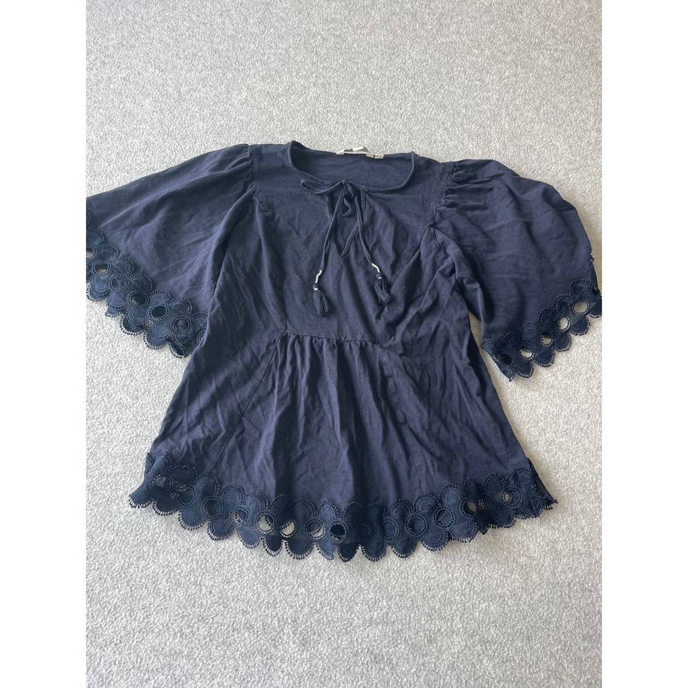 Boden Navy Blue Eyelet Lace Trim Flutter Sleeve Cotton Blouse Top US 6 J0344